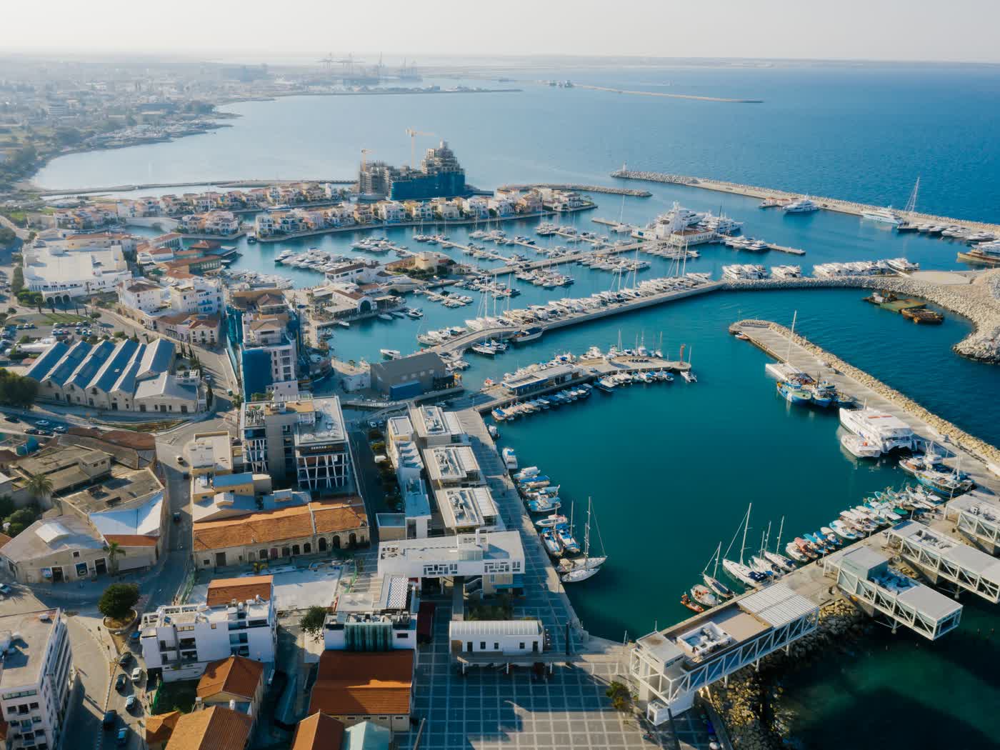 An aerial view of Limassol marina and the Cyprus coastline
